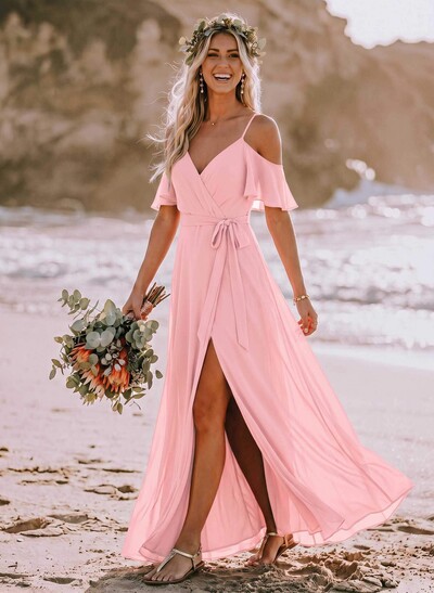 A-Line Off-The-Shoulder Short Sleeves Chiffon Bridesmaid Dresses With Split Front