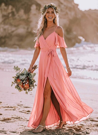 A-Line Off-The-Shoulder Short Sleeves Chiffon Bridesmaid Dresses With Split Front