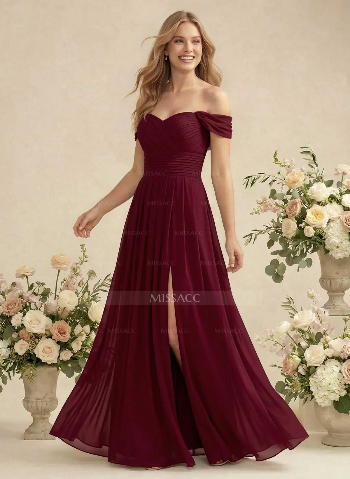 Off-The-Shoulder A-Line Chiffon Bridesmaid Dress - Missacc