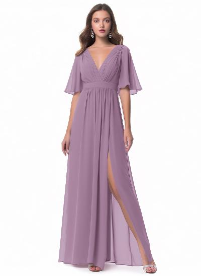 A-Line Sleeves Bridesmaid Dress With V-Neck Chiffon