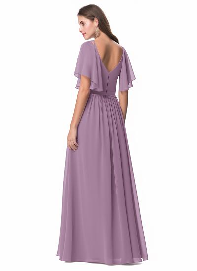 A-Line Sleeves Bridesmaid Dress With V-Neck Chiffon