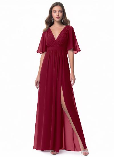 A-Line Sleeves Bridesmaid Dress With V-Neck Chiffon