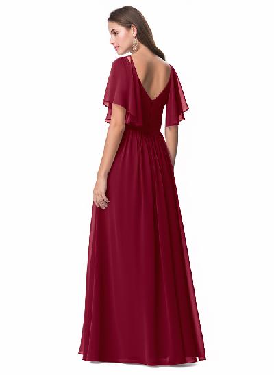 A-Line Sleeves Bridesmaid Dress With V-Neck Chiffon