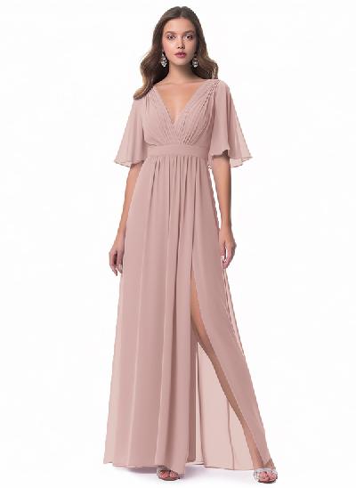 A-Line Sleeves Bridesmaid Dress With V-Neck Chiffon