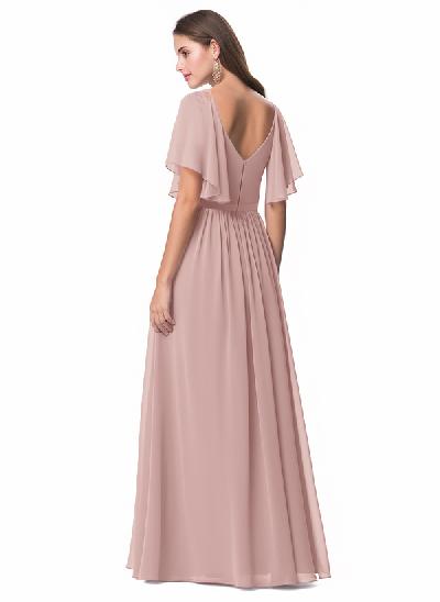 A-Line Sleeves Bridesmaid Dress With V-Neck Chiffon