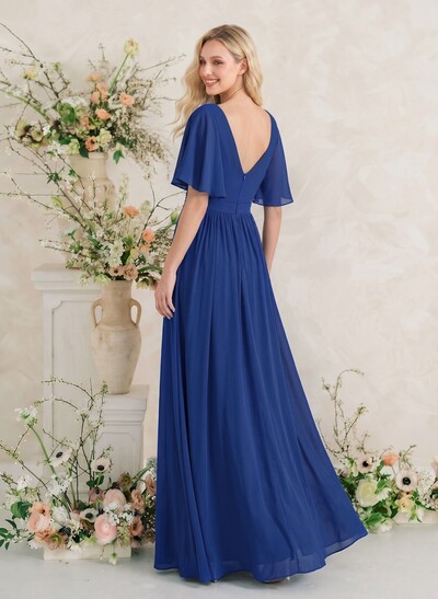 A-Line Sleeves Bridesmaid Dress With V-Neck Chiffon