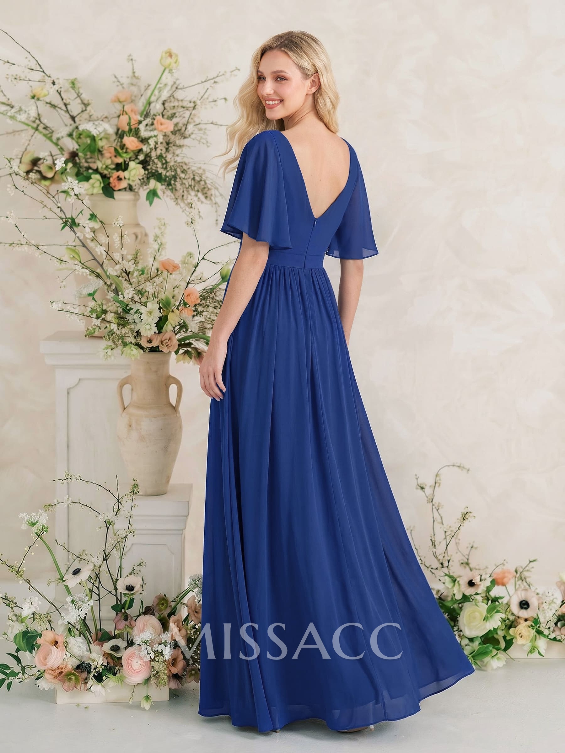 A-Line Sleeves Bridesmaid Dress With V-Neck Chiffon A-Line Sleeves Bridesmaid Dress With V-Neck Chiffon