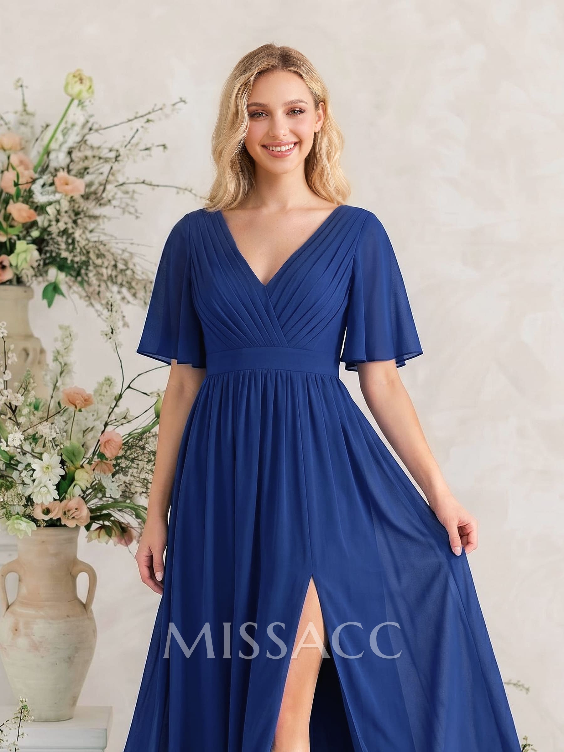 A-Line Sleeves Bridesmaid Dress With V-Neck Chiffon A-Line Sleeves Bridesmaid Dress With V-Neck Chiffon