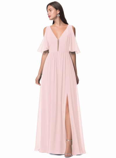 A-Line V-Neck 1/2 Sleeves Floor-Length Chiffon Bridesmaid Dresses With Split Front