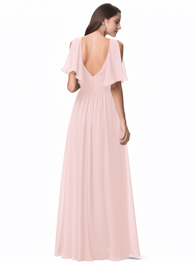 A-Line V-Neck 1/2 Sleeves Floor-Length Chiffon Bridesmaid Dresses With Split Front