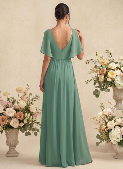 A-Line V-Neck 1/2 Sleeves Floor-Length Chiffon Bridesmaid Dresses With Split Front