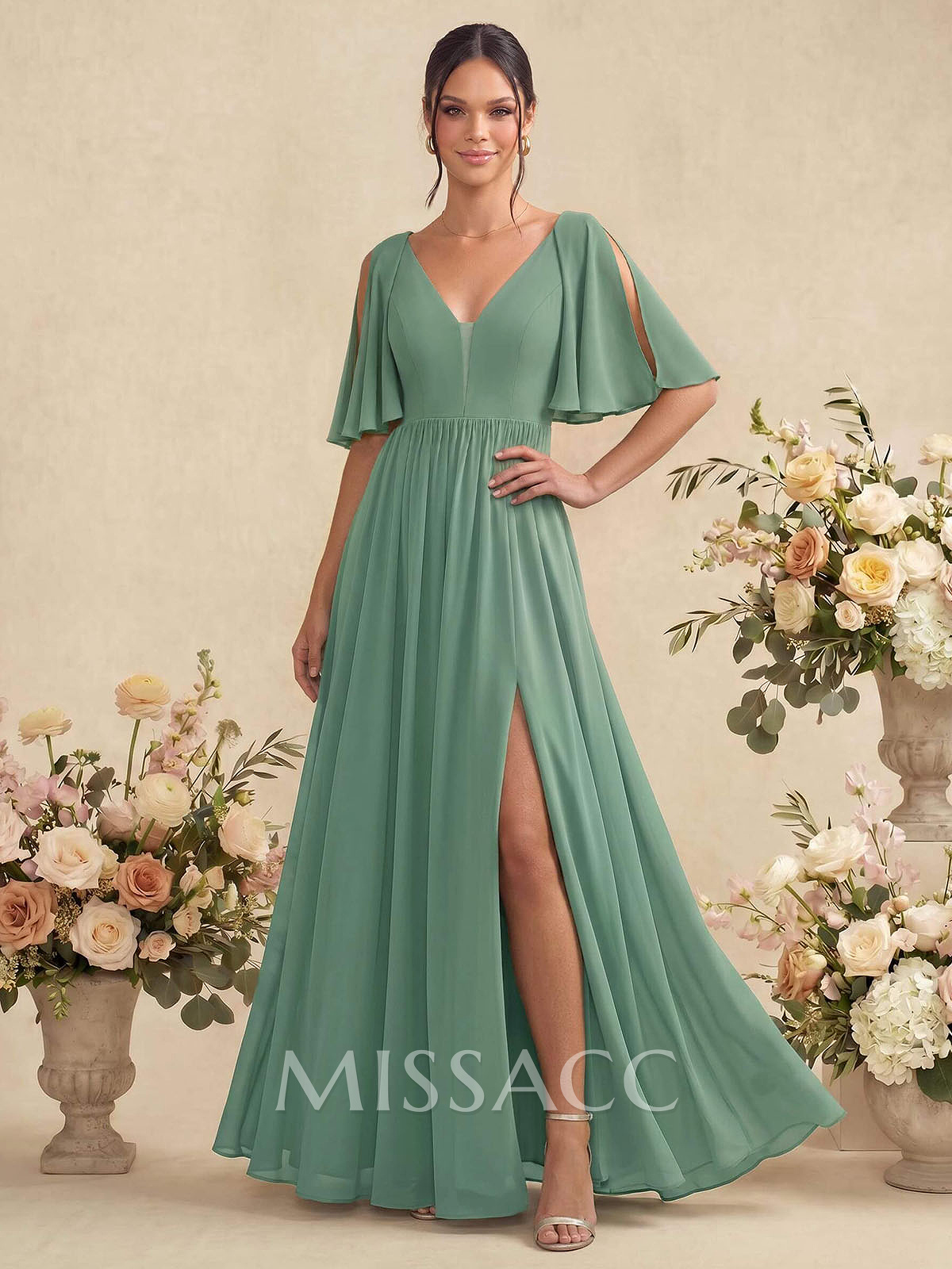 A-Line V-Neck 1/2 Sleeves Floor-Length Chiffon Bridesmaid Dresses With Split Front
