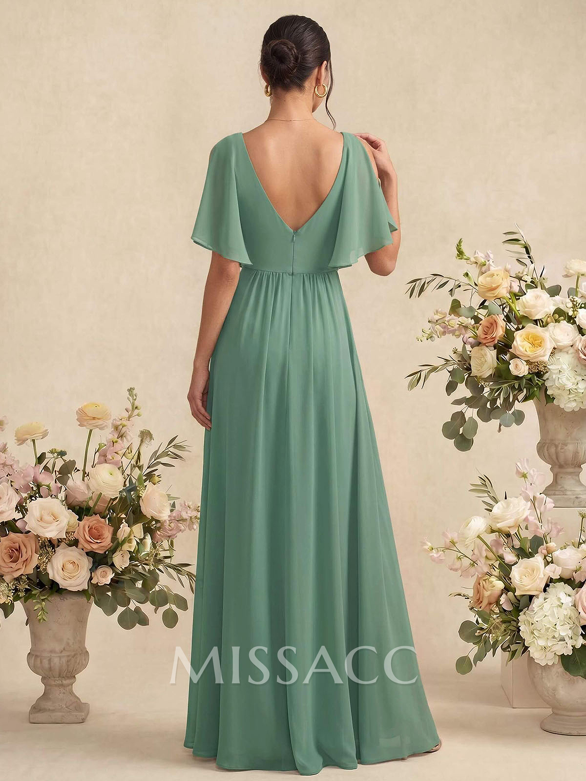 A-Line V-Neck 1/2 Sleeves Floor-Length Chiffon Bridesmaid Dresses With Split Front