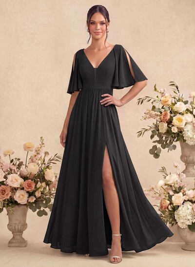 A-Line V-Neck 1/2 Sleeves Floor-Length Chiffon Bridesmaid Dresses With Split Front