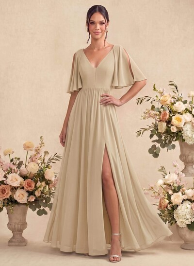 A-Line V-Neck Half-Sleeve Floor-Length Chiffon Bridesmaid Dress With Front Slit