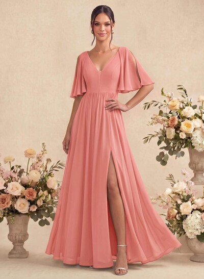 A-Line V-Neck 1/2 Sleeves Floor-Length Chiffon Bridesmaid Dresses With Split Front