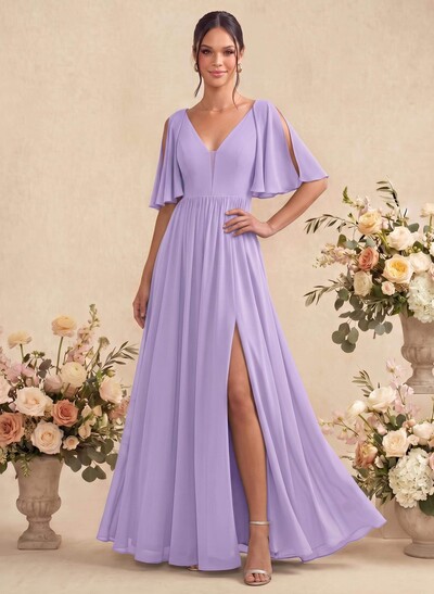 A-Line V-Neck 1/2 Sleeves Floor-Length Chiffon Bridesmaid Dresses With Split Front