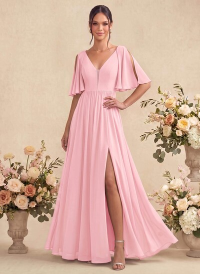 A-Line V-Neck 1/2 Sleeves Floor-Length Chiffon Bridesmaid Dresses With Split Front