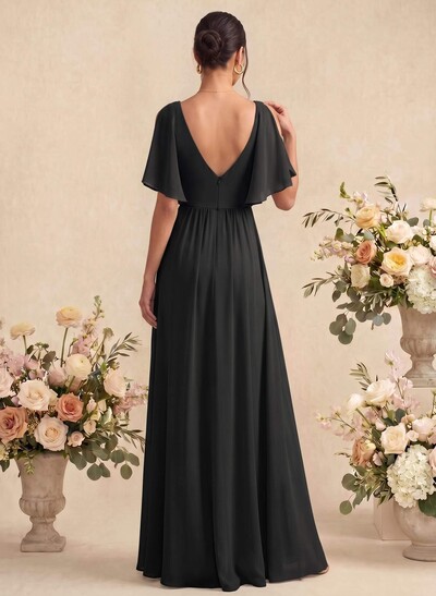 A-Line V-Neck 1/2 Sleeves Floor-Length Chiffon Bridesmaid Dresses With Split Front