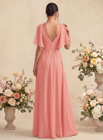 A-Line V-Neck 1/2 Sleeves Floor-Length Chiffon Bridesmaid Dresses With Split Front