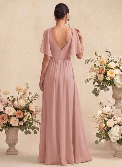 A-Line V-Neck 1/2 Sleeves Floor-Length Chiffon Bridesmaid Dresses With Split Front