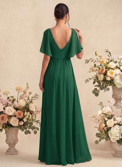 A-Line V-Neck 1/2 Sleeves Floor-Length Chiffon Bridesmaid Dresses With Split Front