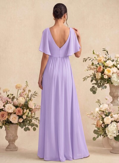 A-Line V-Neck 1/2 Sleeves Floor-Length Chiffon Bridesmaid Dresses With Split Front