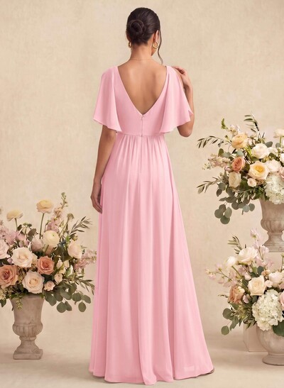 A-Line V-Neck 1/2 Sleeves Floor-Length Chiffon Bridesmaid Dresses With Split Front