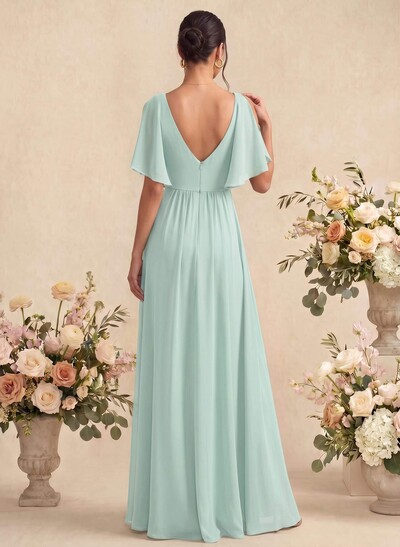 A-Line V-Neck 1/2 Sleeves Floor-Length Chiffon Bridesmaid Dresses With Split Front