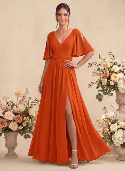 A-Line V-Neck 1/2 Sleeves Floor-Length Chiffon Bridesmaid Dresses With Split Front