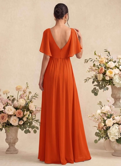 A-Line V-Neck 1/2 Sleeves Floor-Length Chiffon Bridesmaid Dresses With Split Front