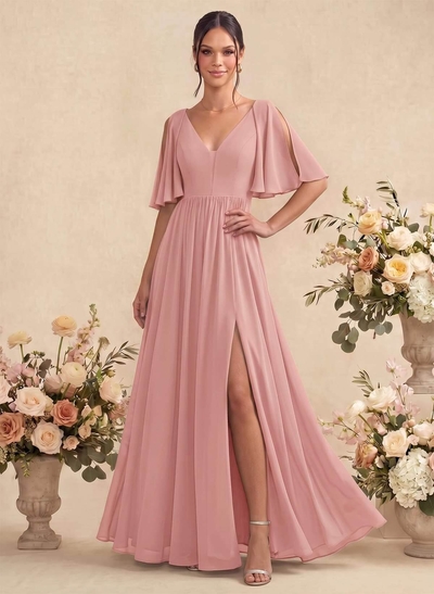 A-Line V-Neck Half Sleeve Maxi Chiffon Bridesmaid Dress With Front Split