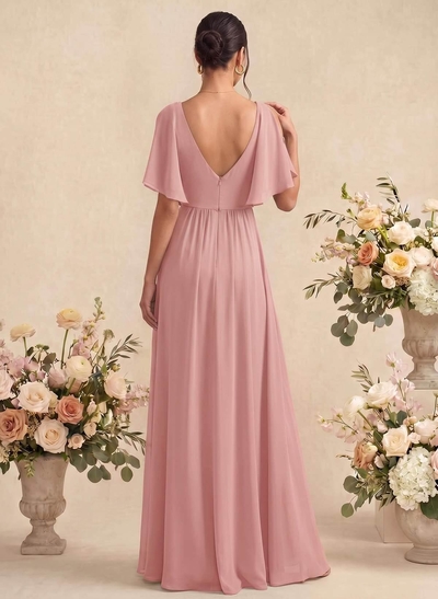 A-Line V-Neck Half Sleeve Maxi Chiffon Bridesmaid Dress With Front Split