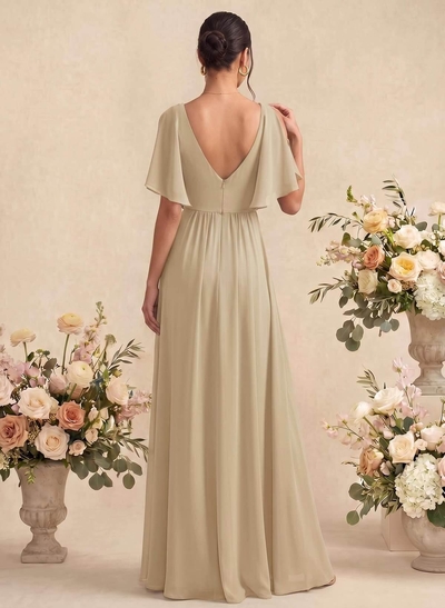 A-Line V-Neck Half-Sleeve Floor-Length Chiffon Bridesmaid Dress With Front Slit