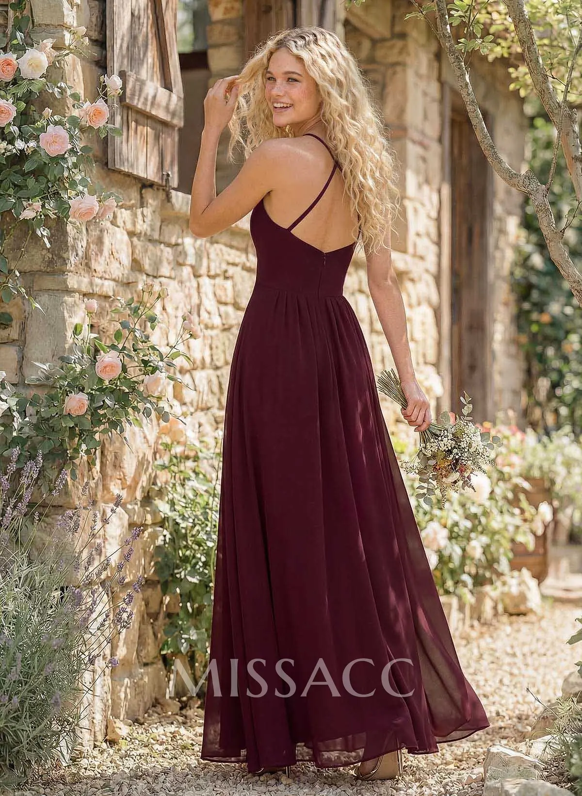 Long A-Line Chiffon Bridesmaid Dresses With Split Front - Missacc