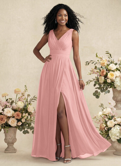 V-Neck A-Line Bridesmaid Dresses With Ruffle