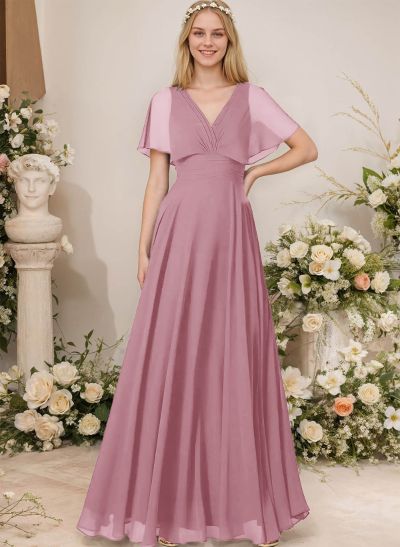 V-Neck Chiffon Bridesmaid Dresses With Short Sleeves