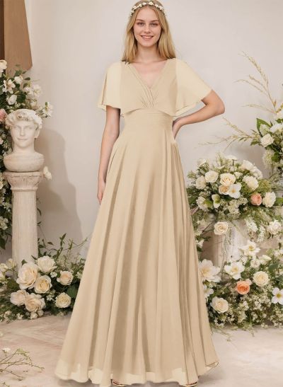 V-Neck Chiffon Bridesmaid Dresses With Short Sleeves