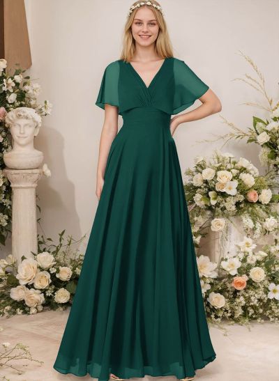 V-Neck Chiffon Bridesmaid Dresses With Short Sleeves