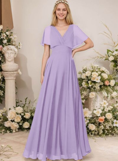 V-Neck Chiffon Bridesmaid Dresses With Short Sleeves