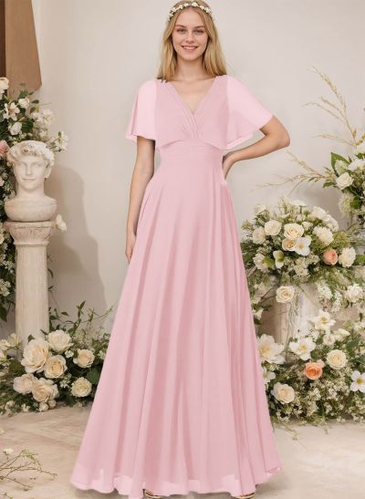 V-Neck Chiffon Bridesmaid Dresses With Short Sleeves