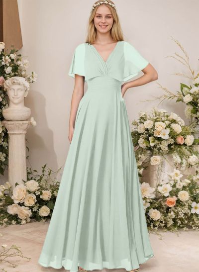 V-Neck Chiffon Bridesmaid Dresses With Short Sleeves