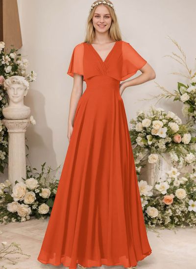 V-Neck Chiffon Bridesmaid Dresses With Short Sleeves