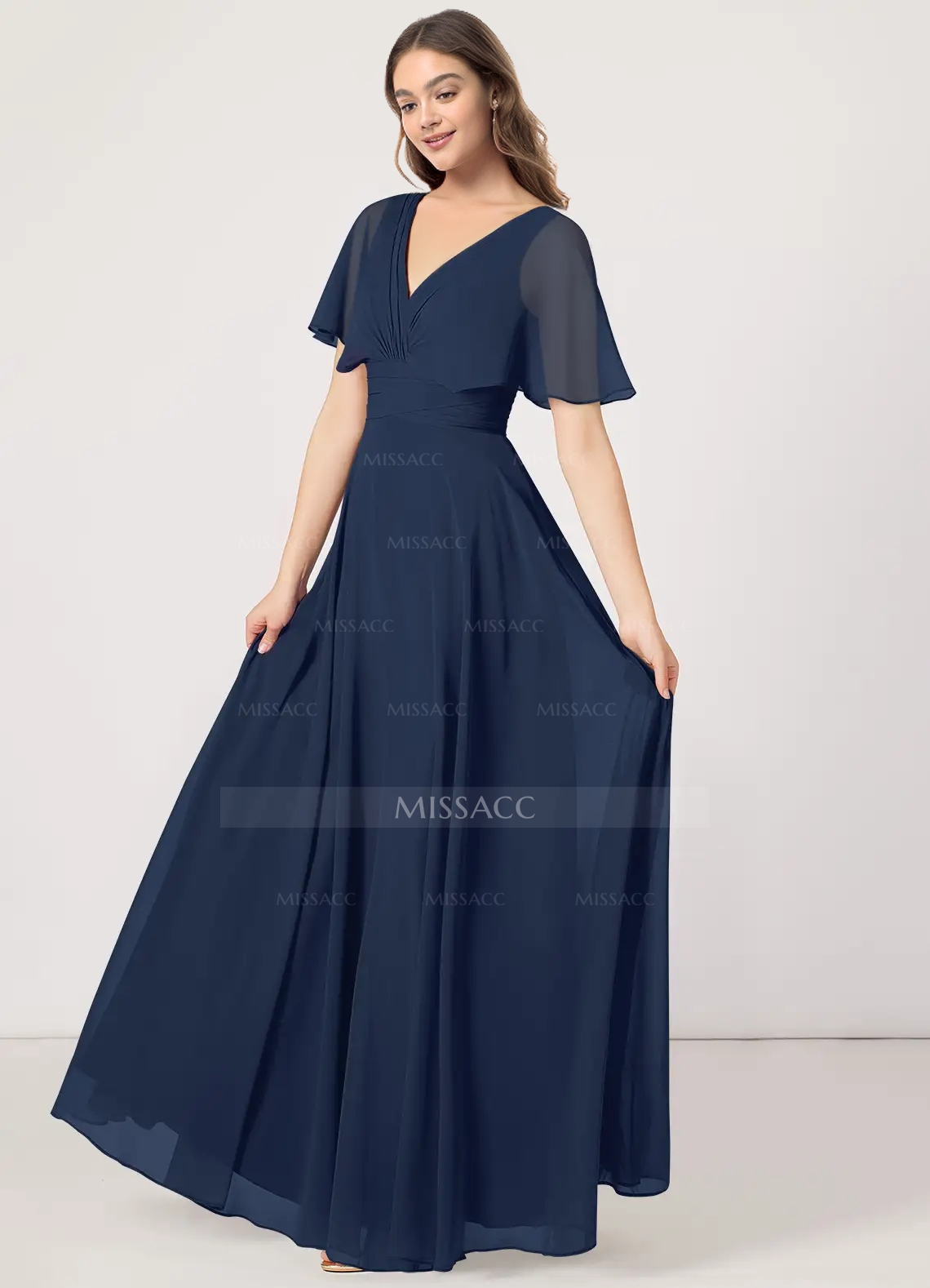 V-Neck Chiffon Bridesmaid Dresses With Short Sleeves