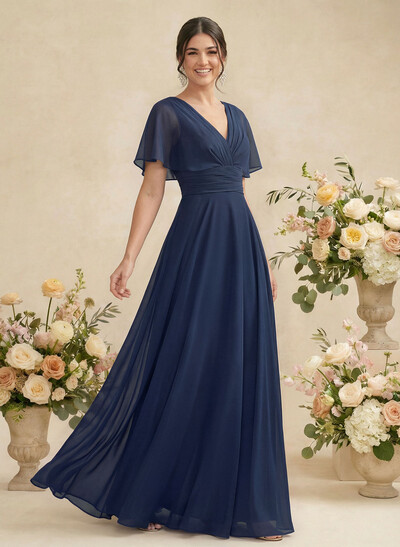 V-Neck Chiffon Bridesmaid Dresses With Short Sleeves