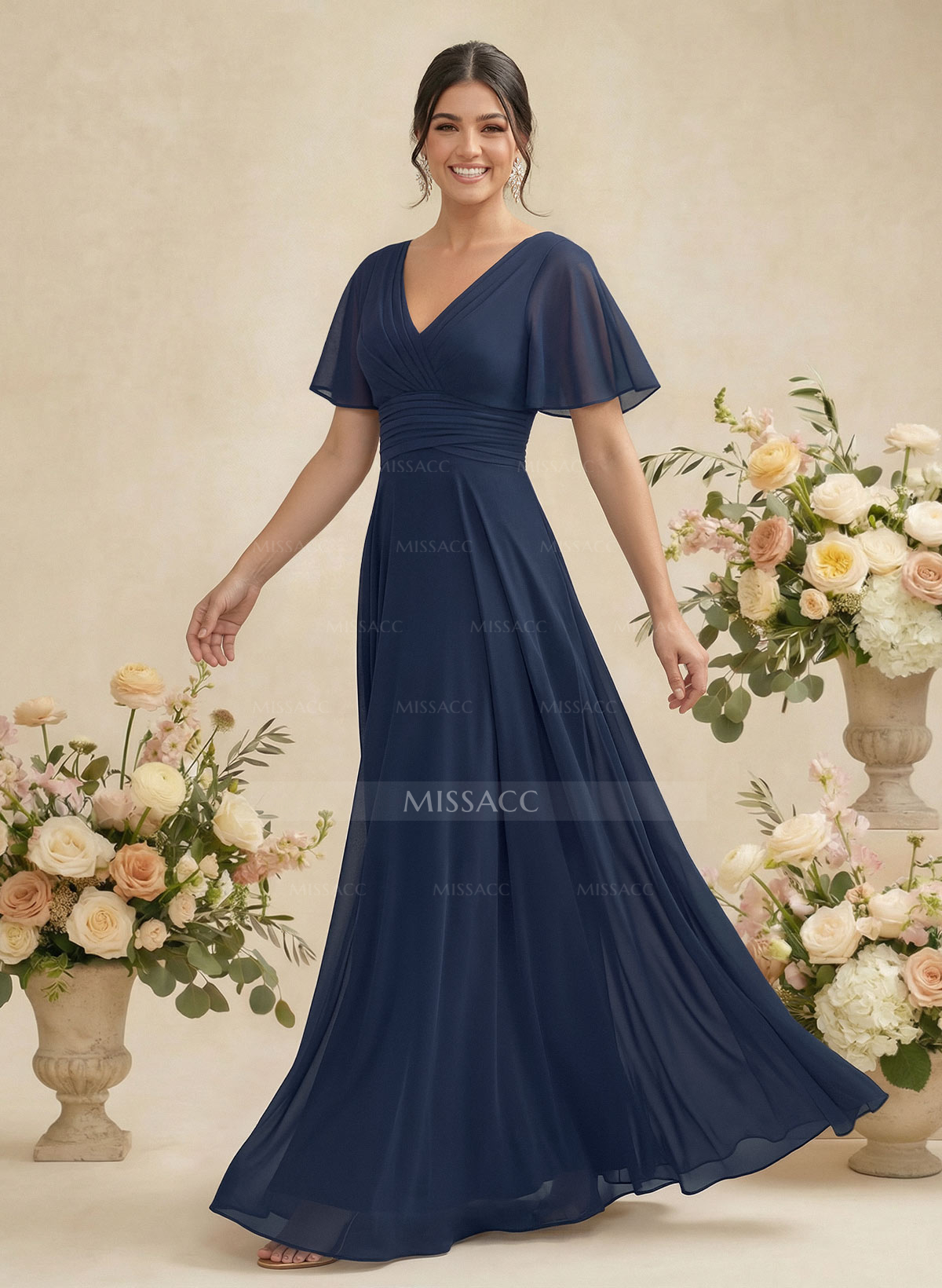 V-Neck Chiffon Bridesmaid Dresses With Short Sleeves