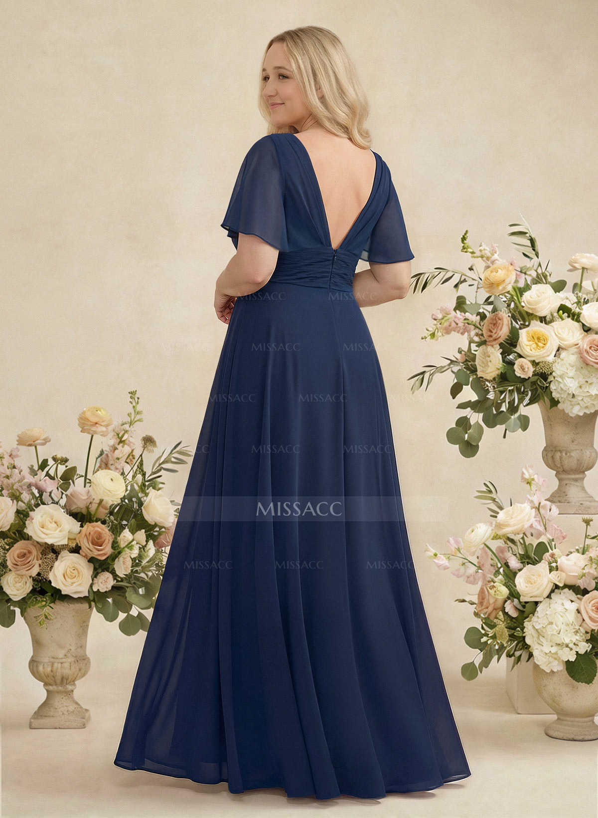 V-Neck Chiffon Bridesmaid Dresses With Short Sleeves