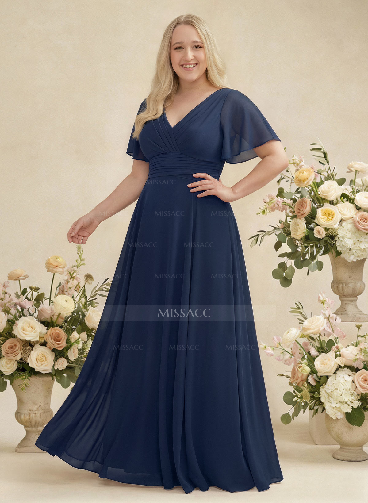 V-Neck Chiffon Bridesmaid Dresses With Short Sleeves
