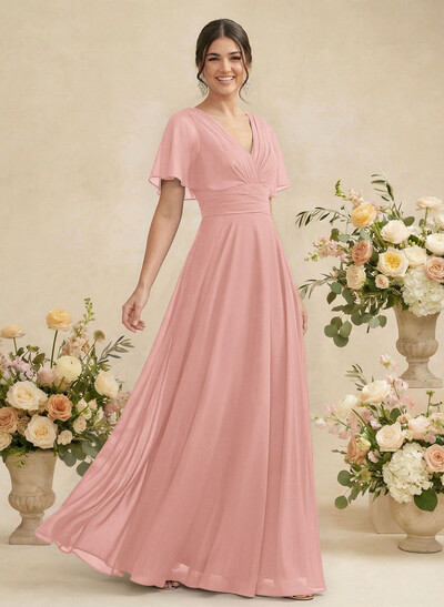 V-Neck Chiffon Bridesmaid Dresses With Short Sleeves