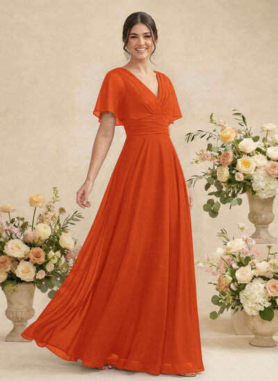 V-Neck Chiffon Bridesmaid Dresses With Short Sleeves